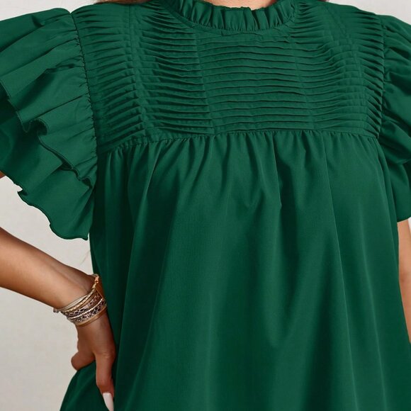 Dark Green Casual Women's Plus Size Ruffle Trim Blouse - Picture 5 of 6